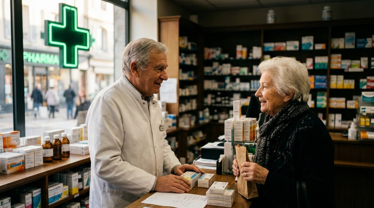 Pharmacien conseillant un patient âgé près de la vitrine