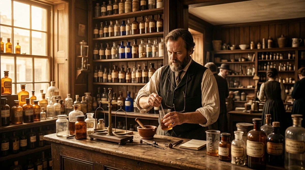 Pharmacien préparant un sirop dans une pharmacie ancienne