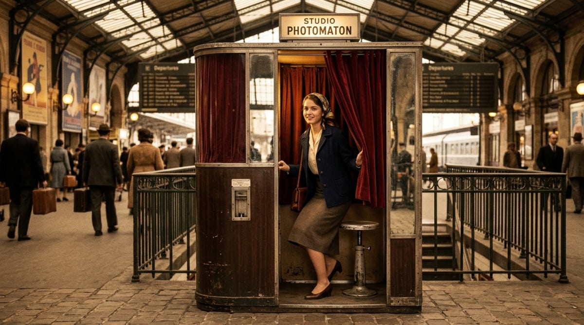 Photomaton vintage avec rideau en velours dans les années 60
