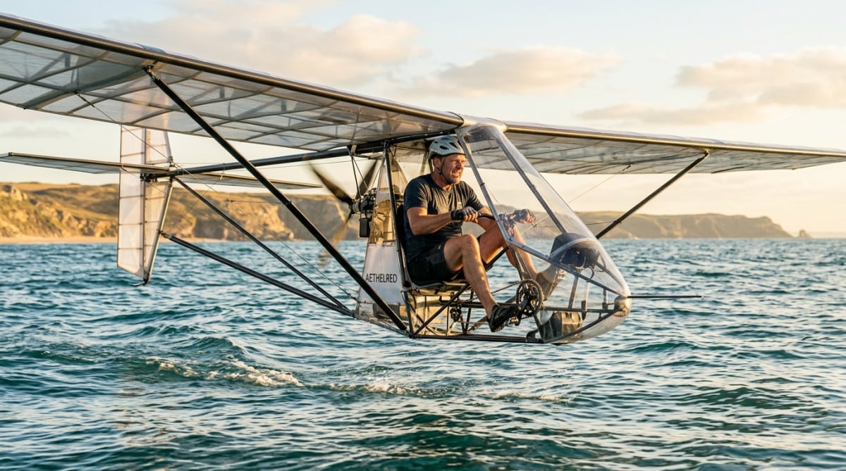 Pilote pédalant dans un avion à propulsion humaine au-dessus de la mer
