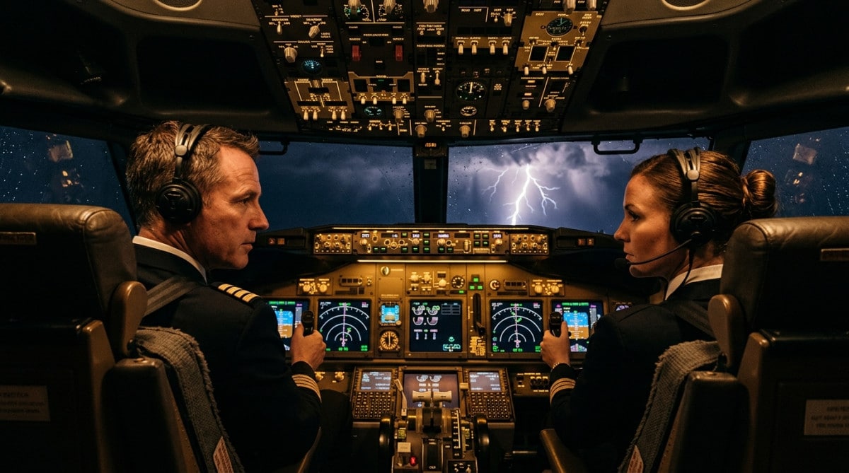 Pilotes dans le cockpit pendant un orage nocturne