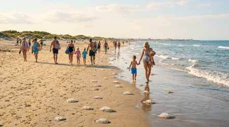 Méduses échouées sur une plage française ensoleillée
