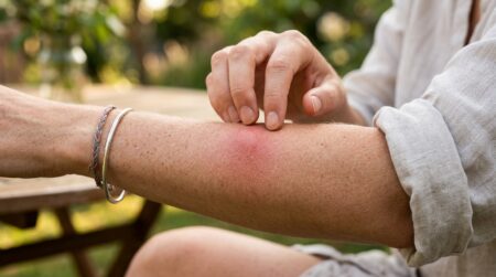 Peau avec piqûre de moustique et doigts hésitants