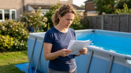 Propriétaire inquiet consultant des documents près d'une piscine