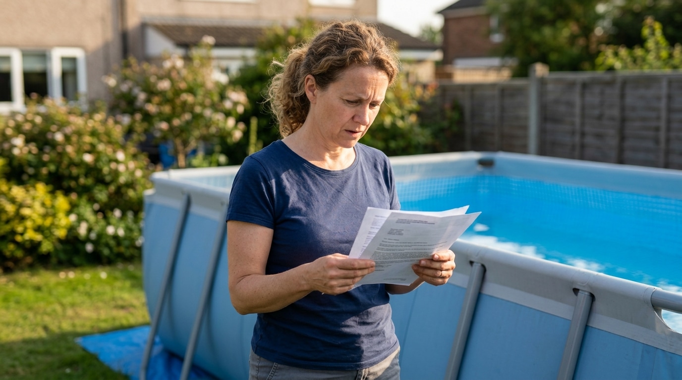 Propriétaire inquiet consultant des documents près d'une piscine