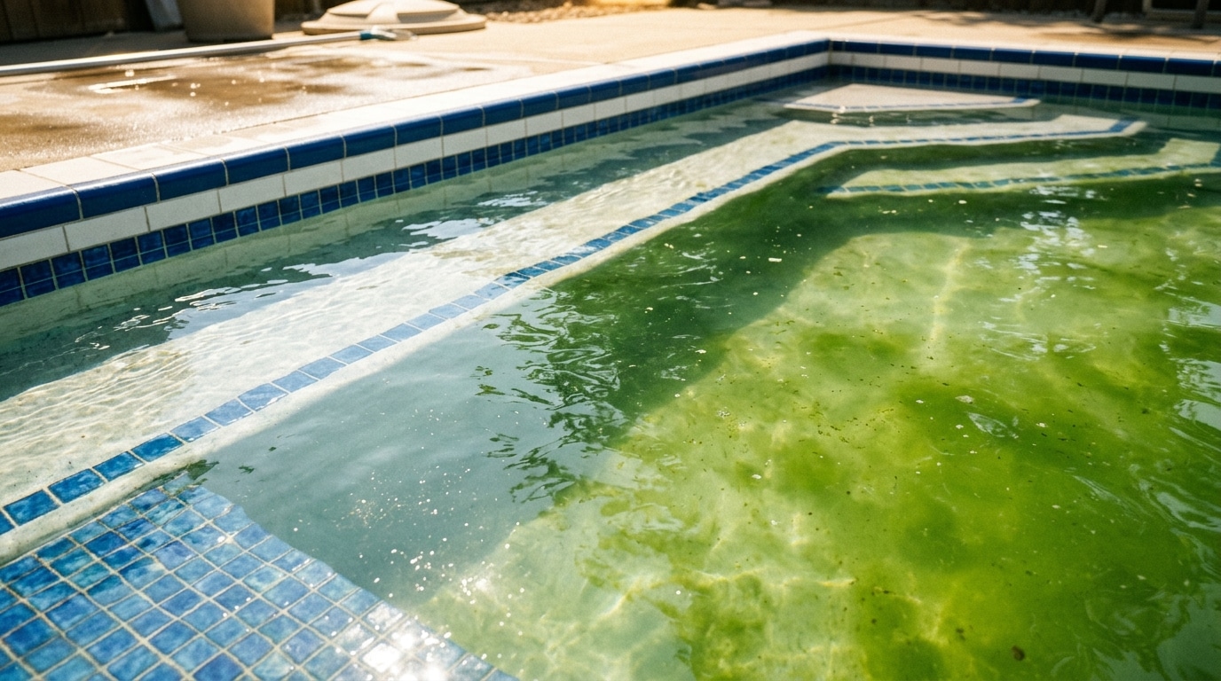 Eau de piscine trouble virant au vert sous le soleil