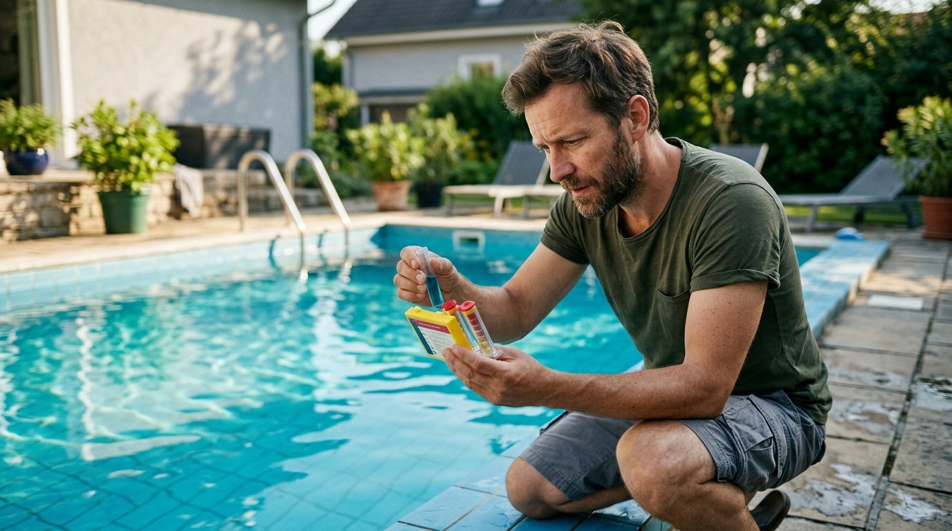 Personne testant le taux de chlore au bord d'une piscine