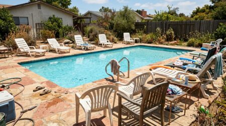 Terrasse de piscine avec mobilier dépareillé au soleil