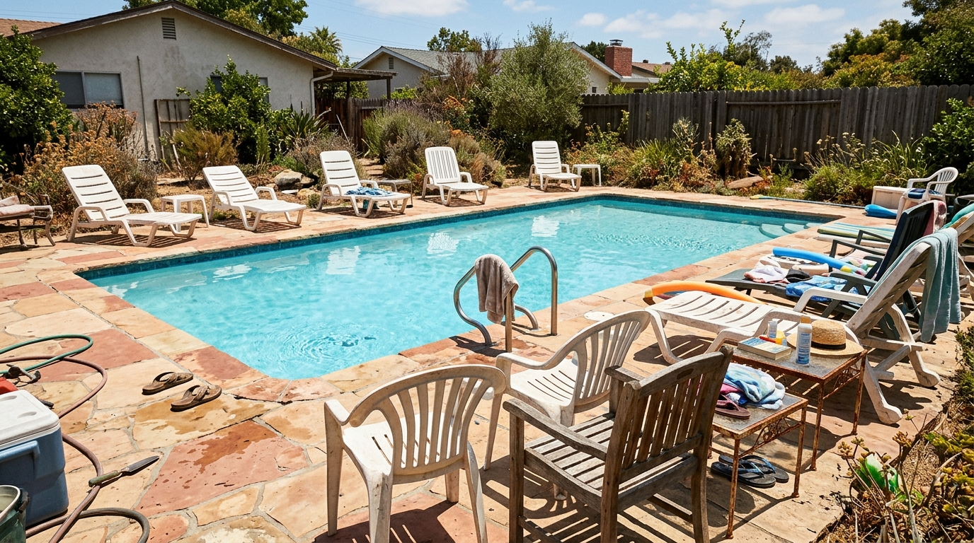 Terrasse de piscine avec mobilier dépareillé au soleil