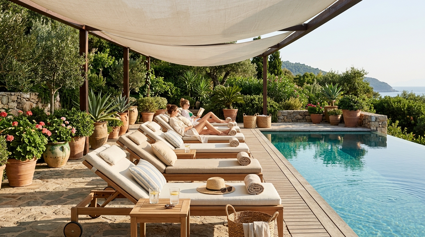 Coin piscine réaménagé avec voile d'ombrage et coussins