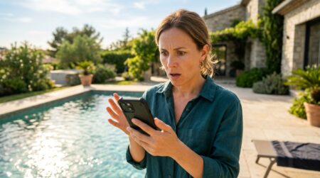 Homme perplexe consultant son téléphone près d'une piscine