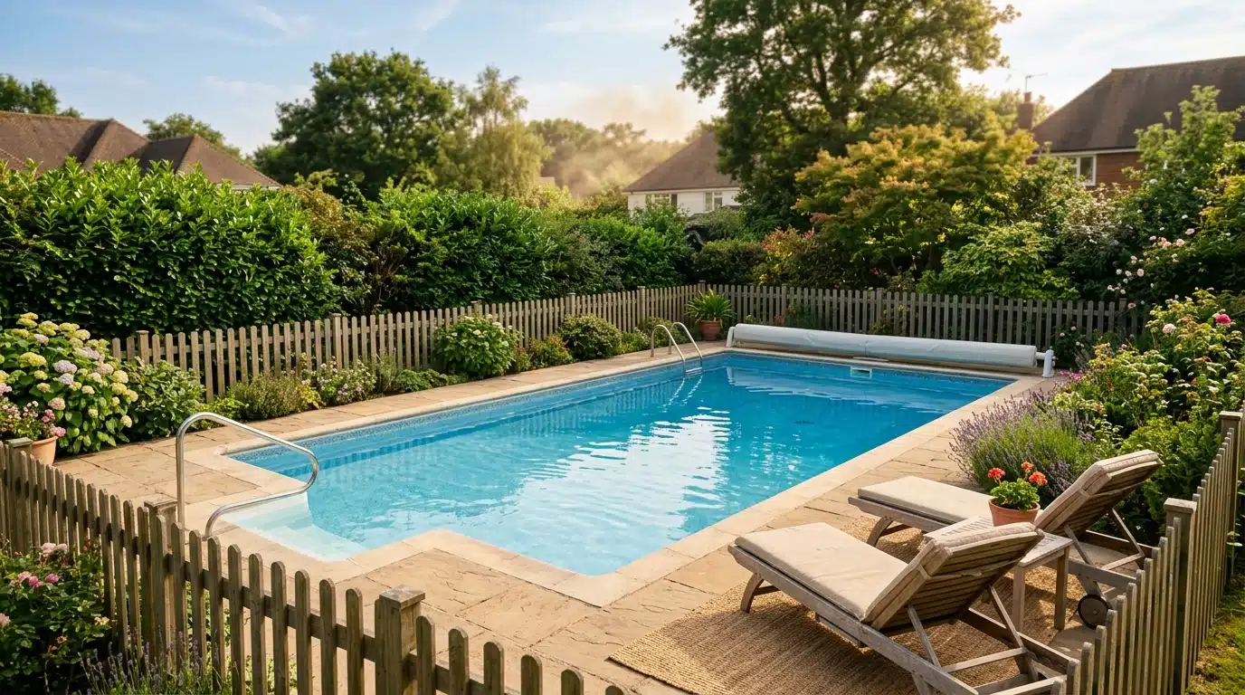 Piscine privée entourée d'une clôture de jardin