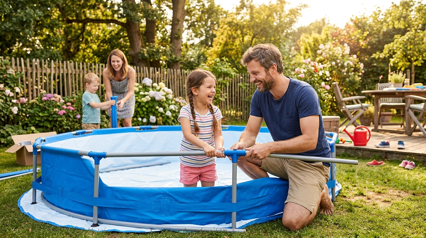 Famille installant une piscine tubulaire ronde dans le jardin