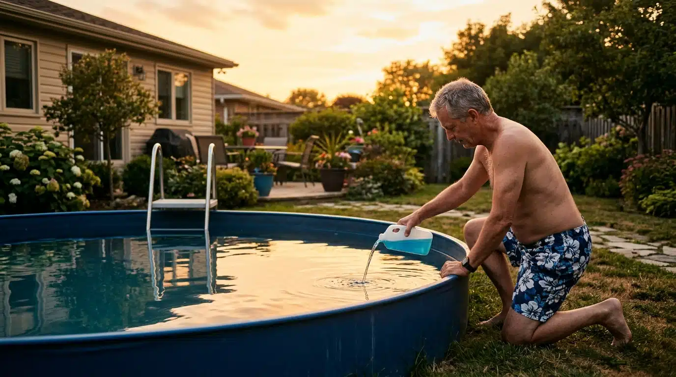 Homme traitant l'eau de sa piscine hors-sol au coucher du soleil