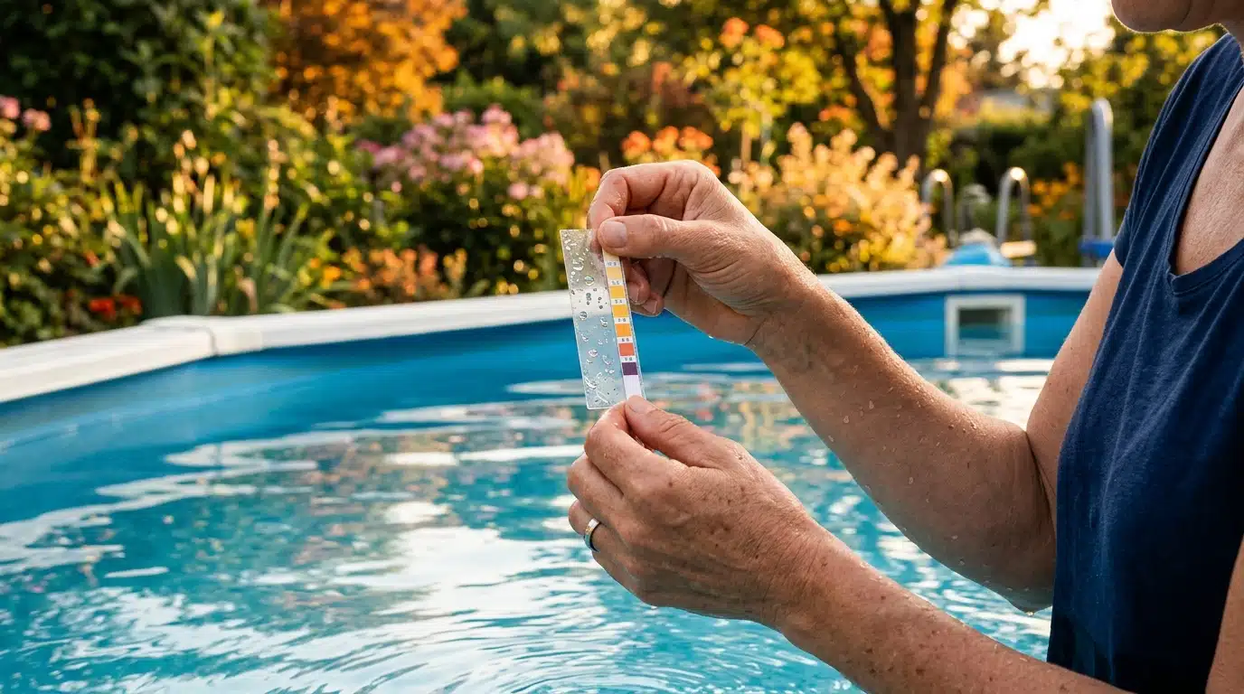 Test du pH de l'eau de piscine avec une bandelette