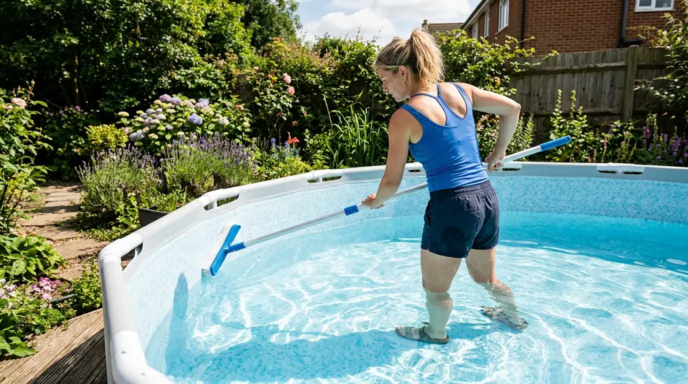 Brossage des parois d'une piscine hors-sol en été