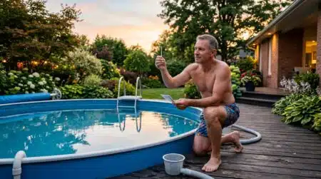 Homme testant le pH de sa piscine hors-sol le soir