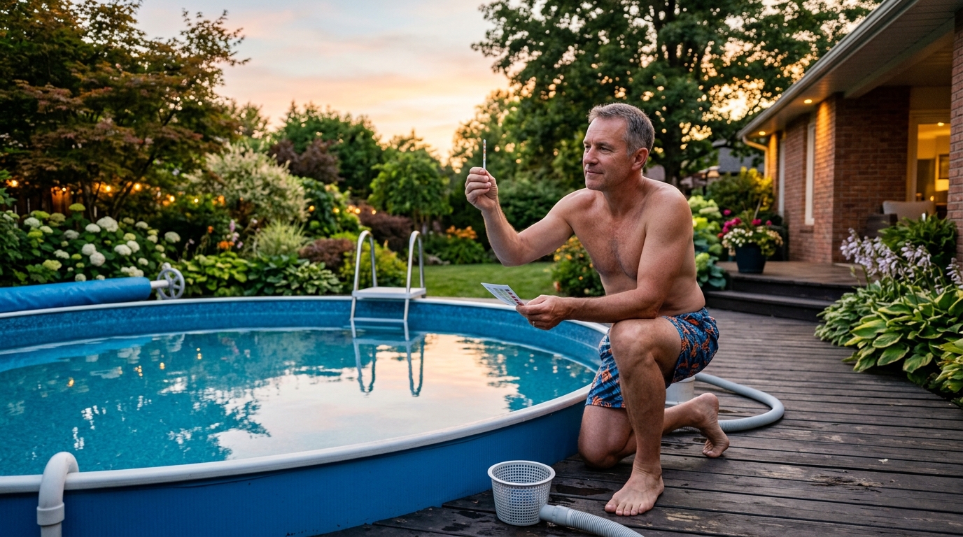 Homme testant le pH de sa piscine hors-sol le soir
