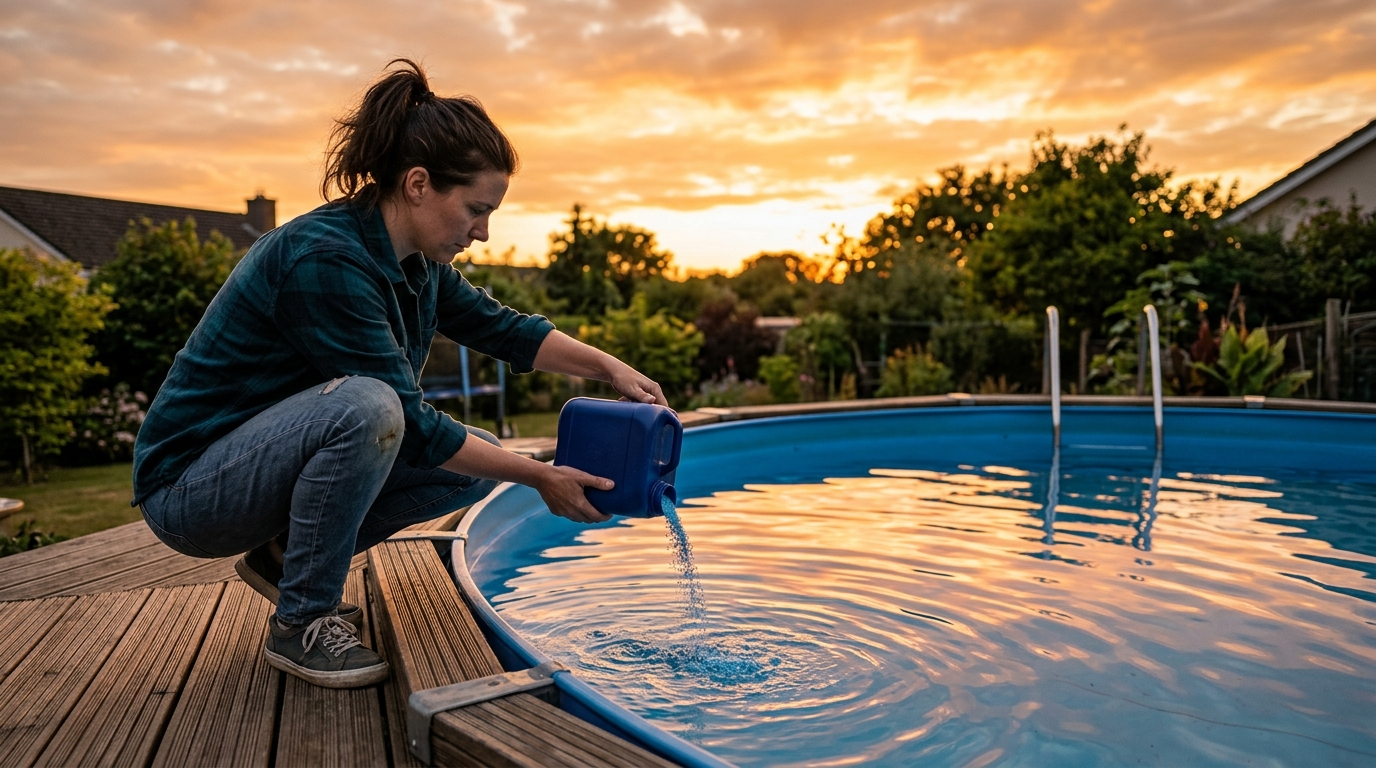 Femme versant du chlore dans une piscine au coucher du soleil