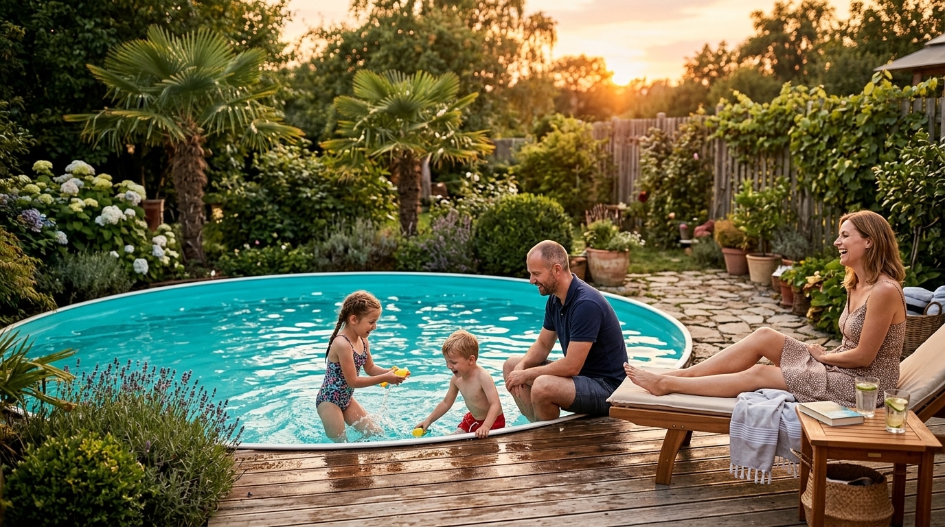 Famille profitant d'une piscine hors-sol à l'eau claire
