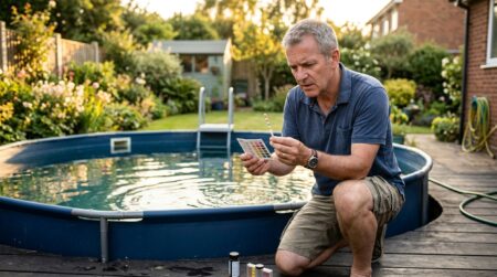 Homme testant le pH de l'eau d'une piscine hors-sol
