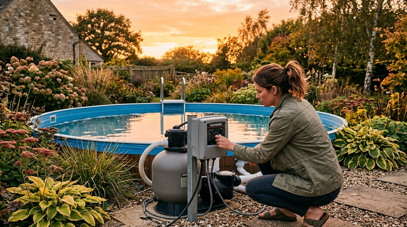 Femme ajustant la filtration d'une piscine en fin d'été
