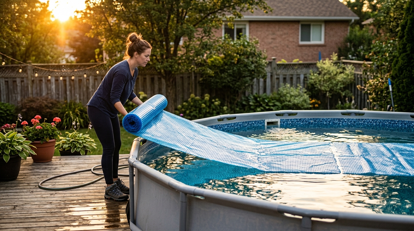 Bâche à bulles installée sur une piscine hors-sol le soir