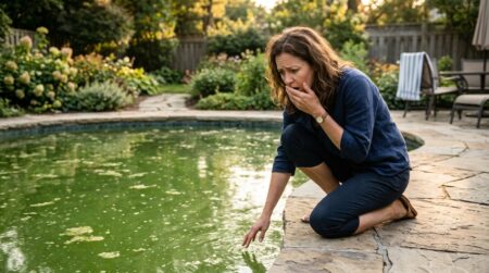 Femme choquée devant une piscine à l'eau verte