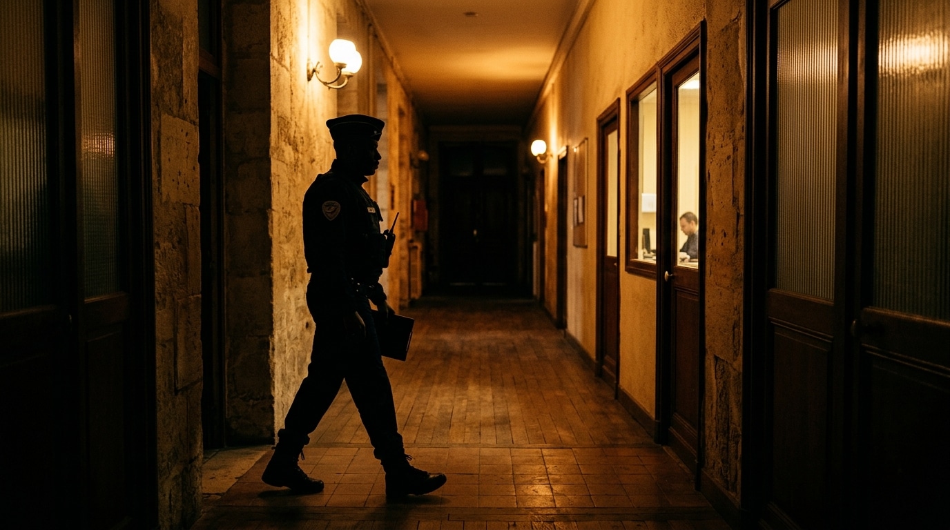 Silhouette d'un policier dans un couloir de commissariat