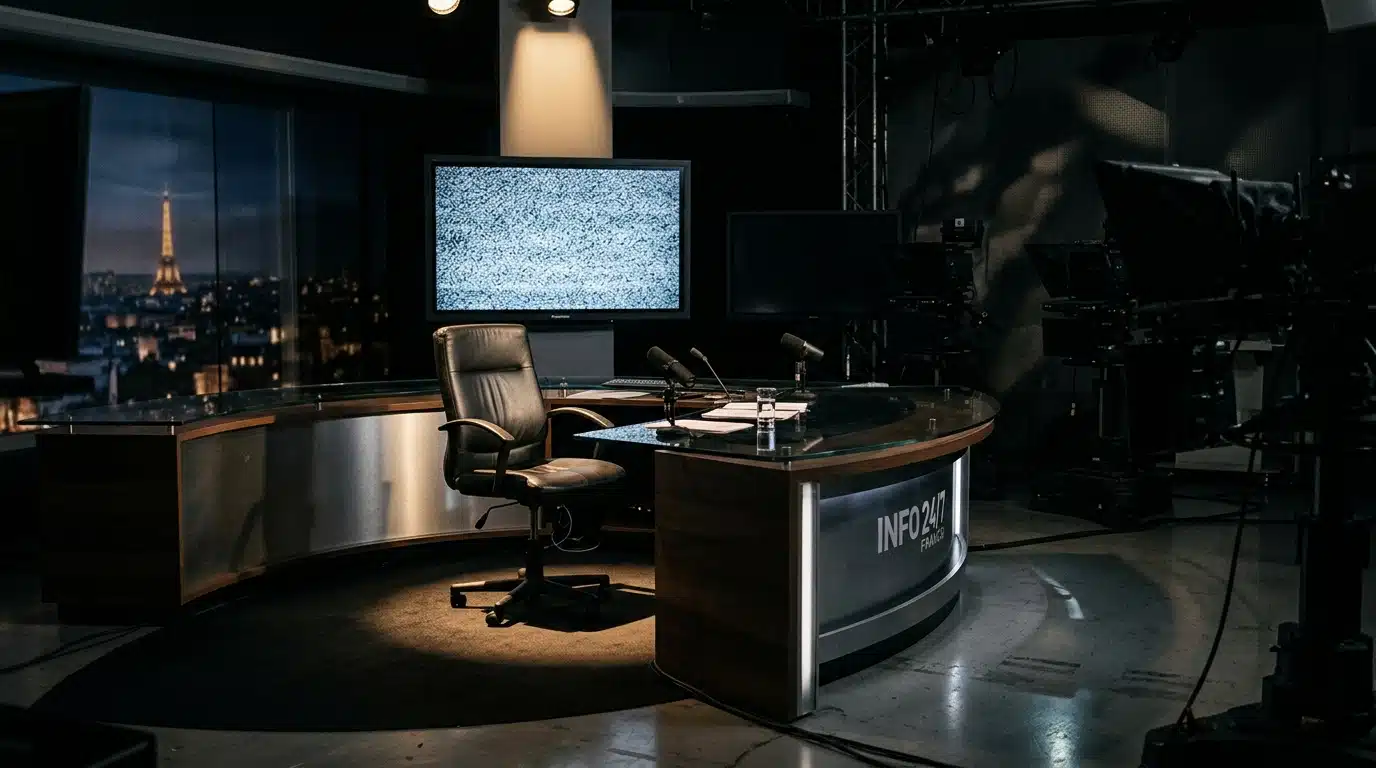 Bureau de présentateur désert dans un studio de télévision, projecteur allumé sur une chaise vide