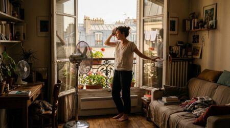 Femme près d'une fenêtre avec ventilateur pendant la canicule