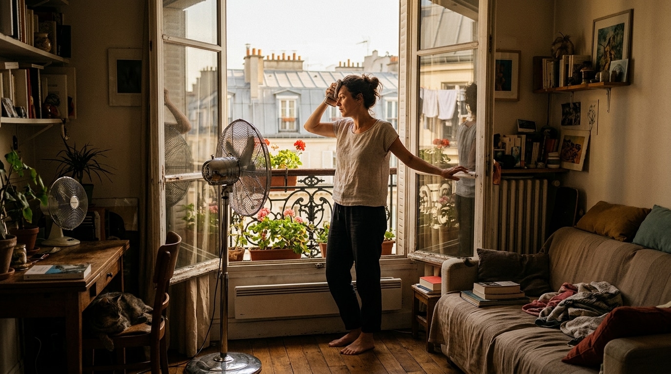 Femme près d'une fenêtre avec ventilateur pendant la canicule