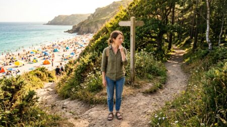 Femme hésitant entre plage animée et sentier de montagne