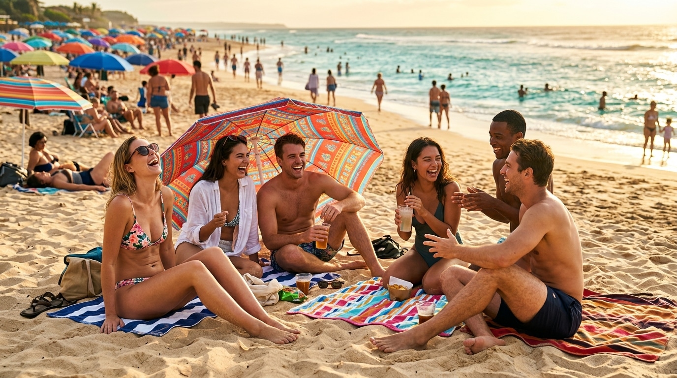 Groupe d'amis souriants sur une plage animée au coucher du soleil
