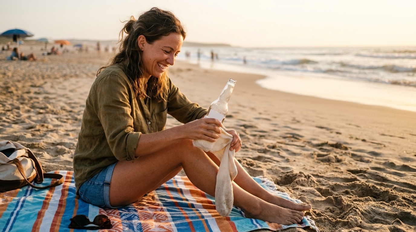 Femme enroulant une chaussette mouillée autour d'une bouteille à la plage