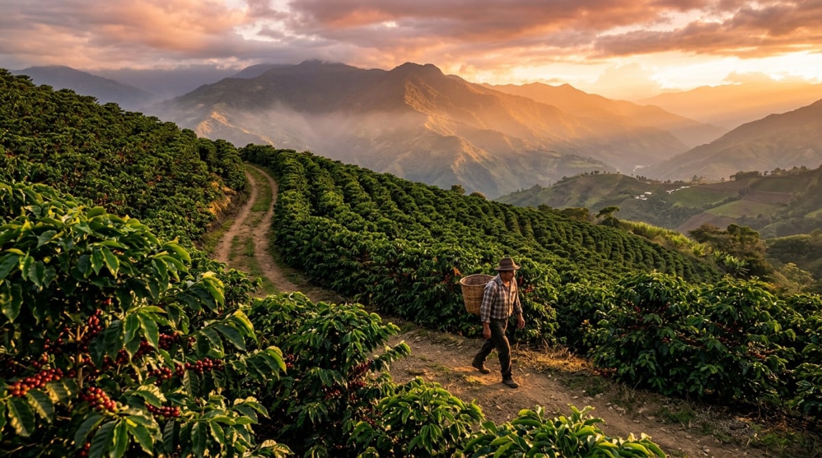 Plantation de café en montagne sous lumière dorée