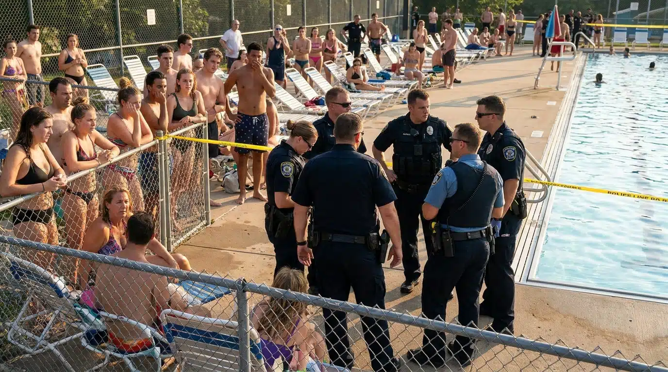 Piscine en plein air avec intervention policière un jour d'été