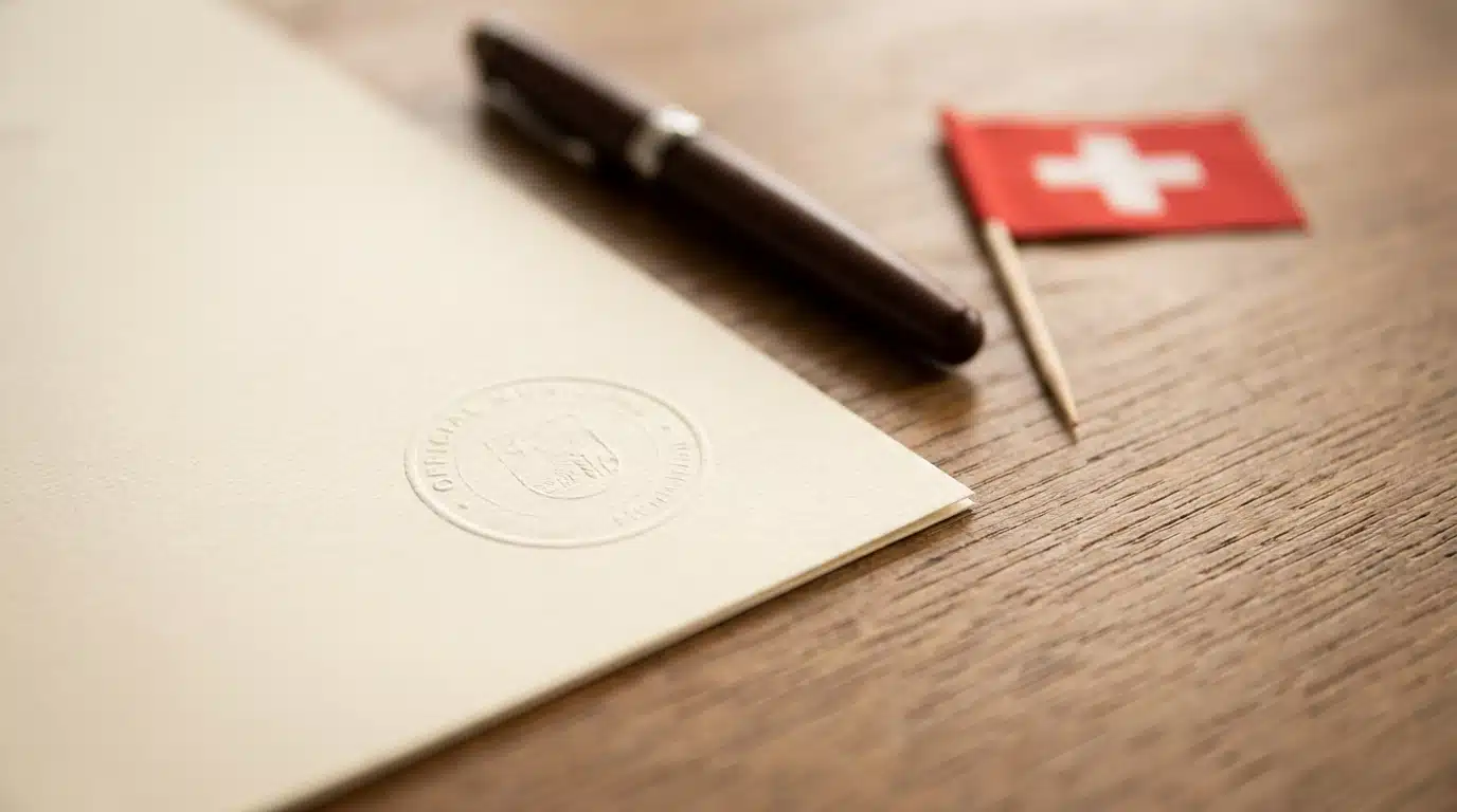 Document officiel sur un bureau avec drapeau suisse