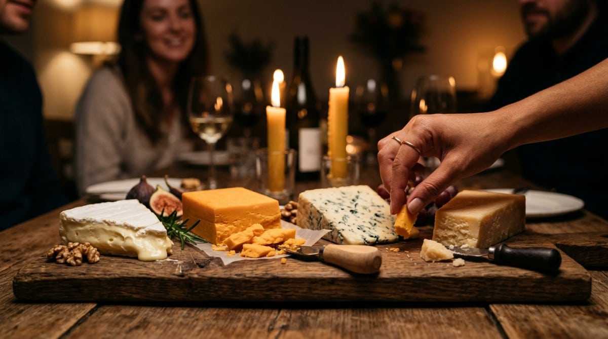 Plateau de fromages variés éclairé à la bougie le soir