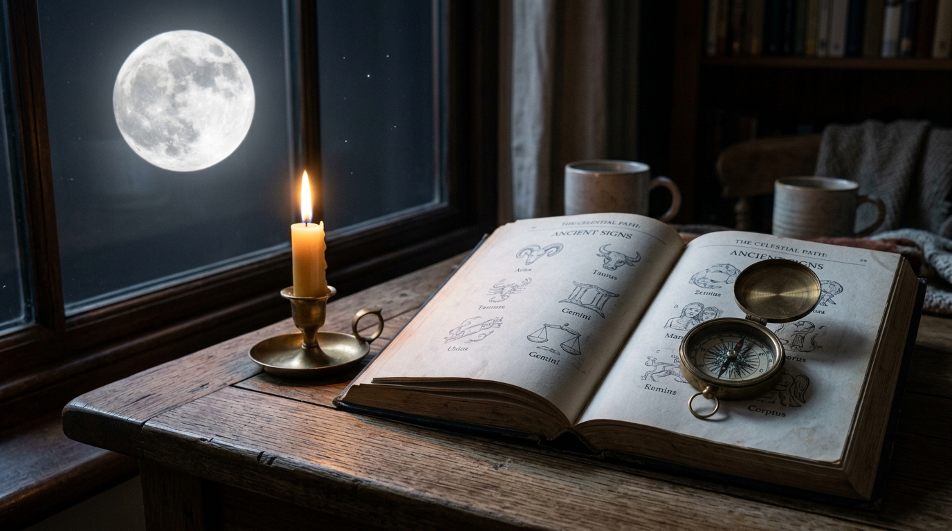 Livre d'astrologie éclairé par la pleine lune