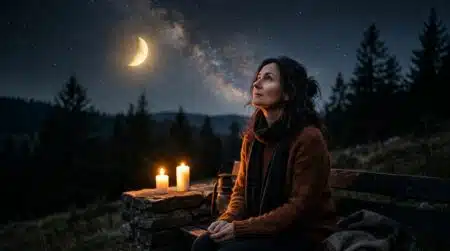 Femme contemplant la pleine lune sous un ciel étoilé doré