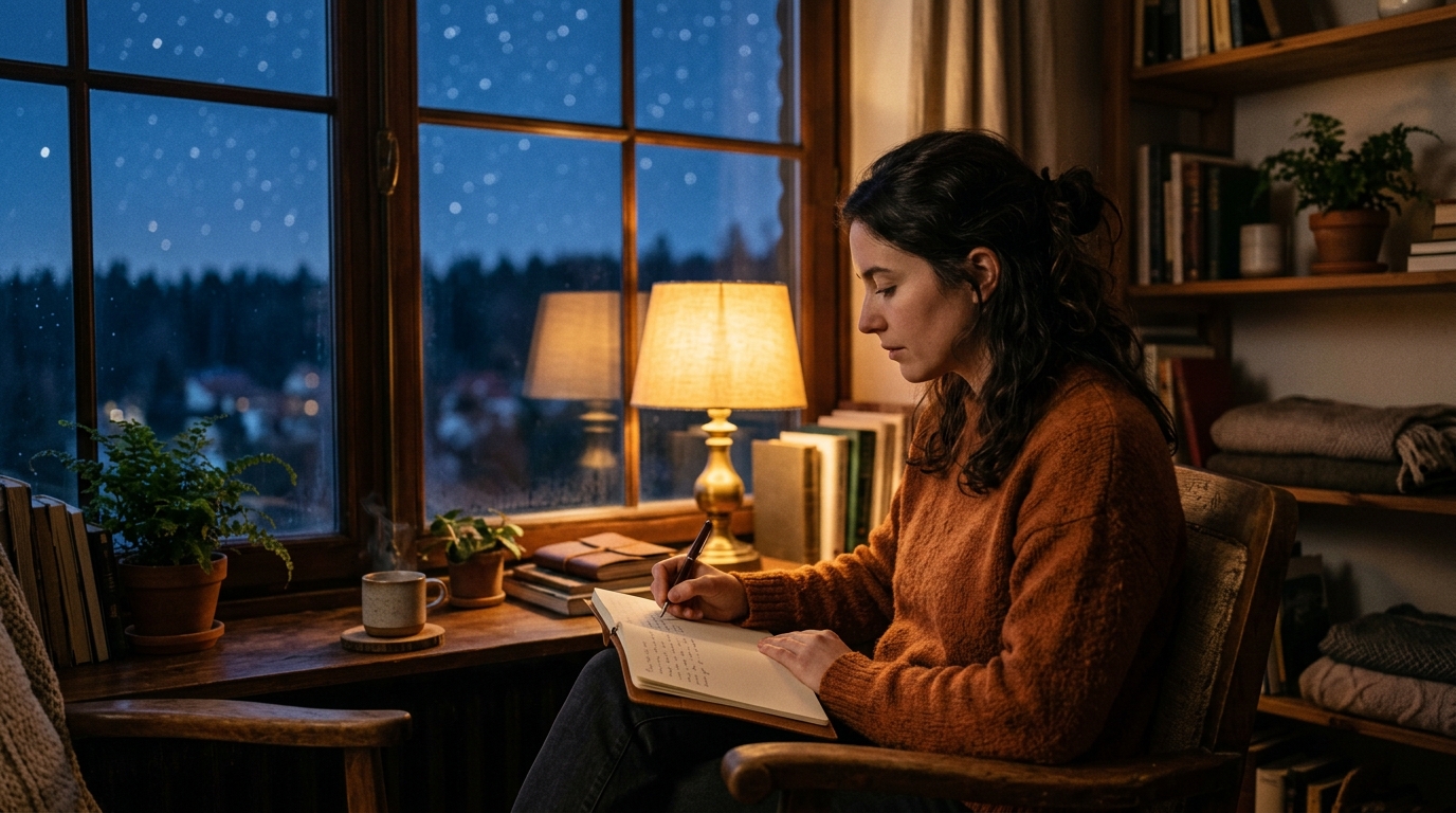 Personne écrivant le soir à la lumière dorée d'une lampe