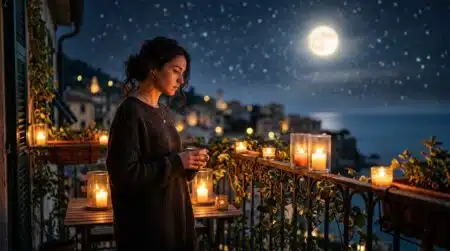 Femme sous la pleine lune en ambiance mystique dorée