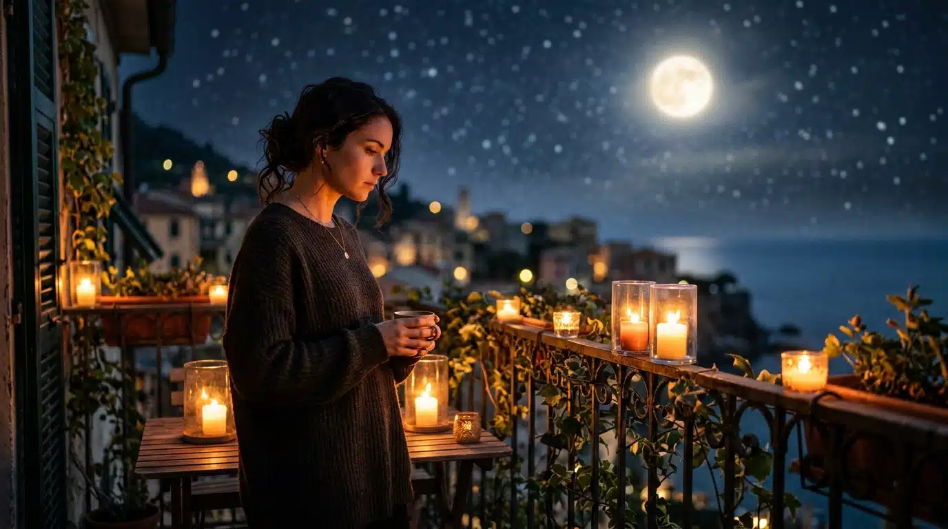 Femme sous la pleine lune en ambiance mystique dorée