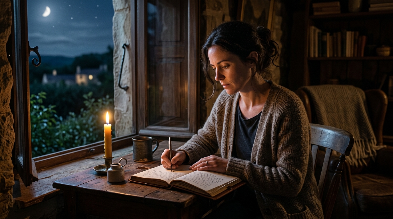 Femme réfléchissant à la lueur des bougies et de la lune