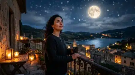 Femme contemplative sous la pleine lune la nuit