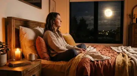 Femme regardant la pleine lune depuis sa fenêtre la nuit