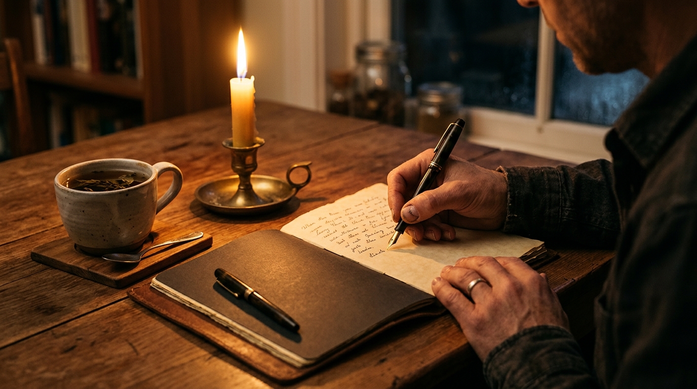 Personne écrivant dans un journal à la lueur d'une bougie