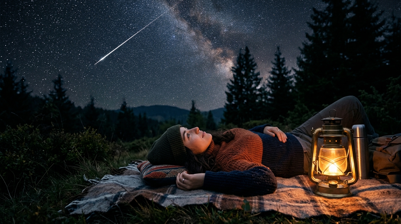 Personne allongée observant une étoile filante dans le ciel nocturne