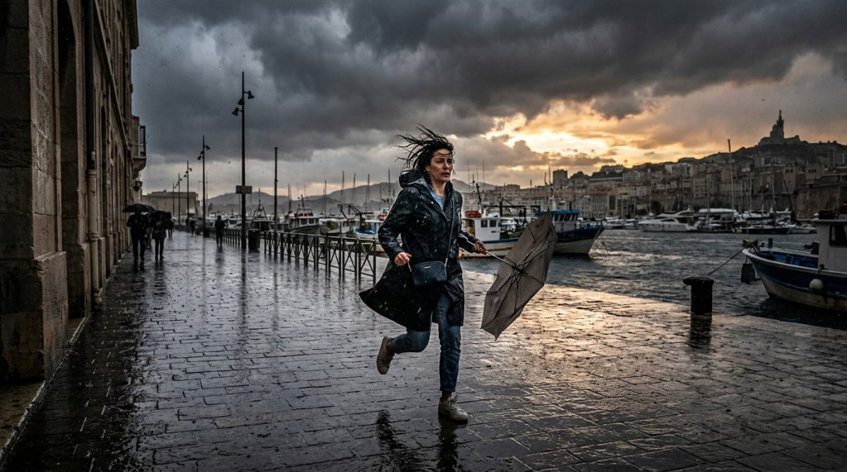 Pluie forte et vent sur le port de Marseille